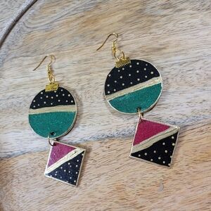 HAND CRAFTED Hand Painted Circle/Diamond Shape Dangle Wooden Earrings